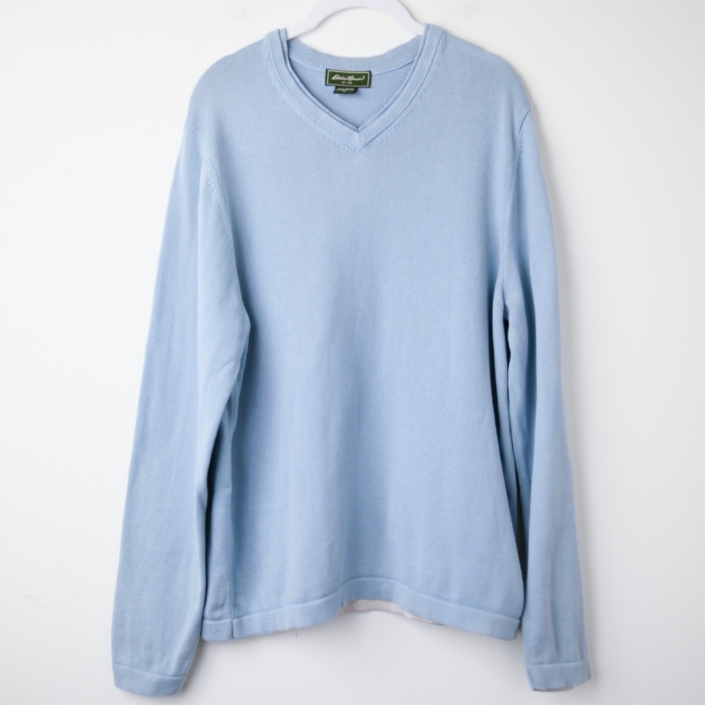 Eddie Bauer V-Neck 100% Cotton Sweater Mens Medium Light Blue Pullover